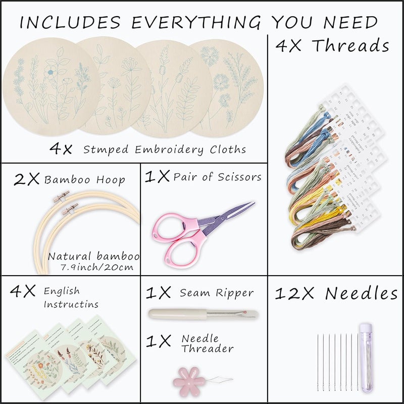Bonroy 4 Sets Embroidery Kit for Beginners,Embroidery Kit for Art Craft Handy Sewing Include Embroidery Clothes with Pattern,Embroidery Hoops, Instructions,Color Threads Needle Kit (Multi 5) - Image 3